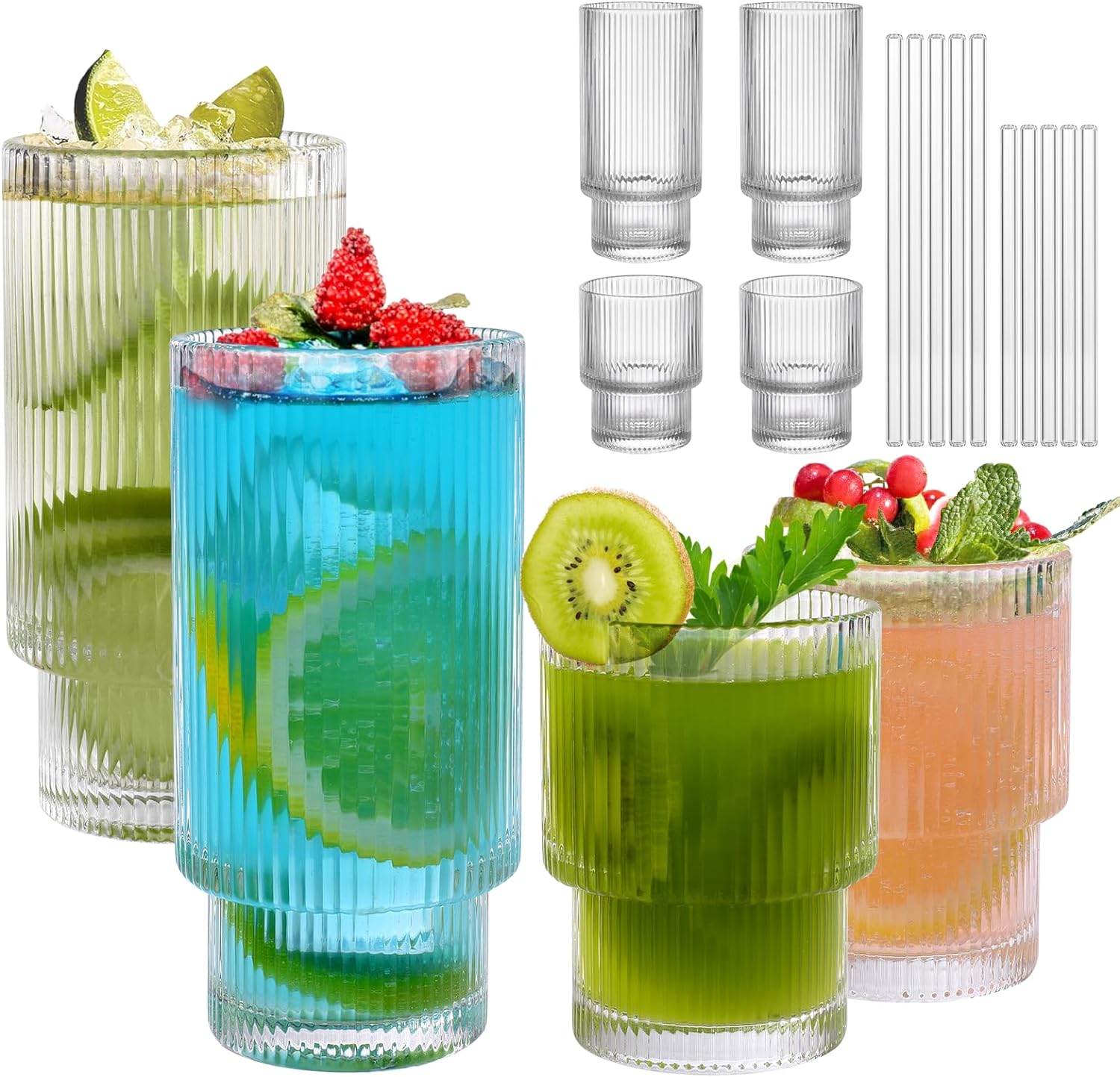 1-4PCS Ribbed Glass Juice Cup Drink Mug Vintage Glassware Highball Glasses  For Water Latte Coffee Whiskey Wine Cocktail Cups